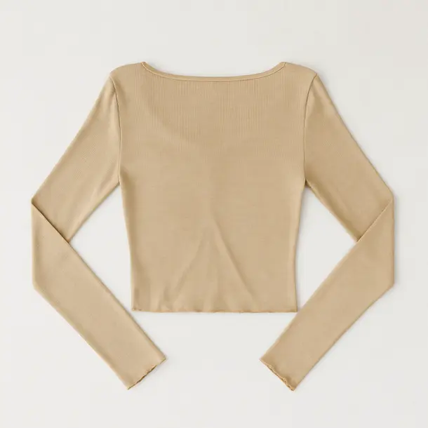 CROPPED FEM MANGA LONGA RIBANA FRISO DECOTE FRUFRU.03069 Bege