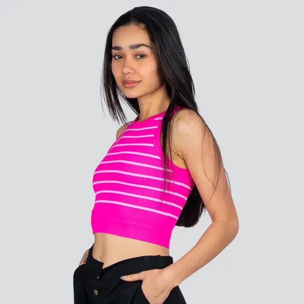 Regata Feminina Alça Larga Poliamida Canelada Listrada .LA-036 Pink
