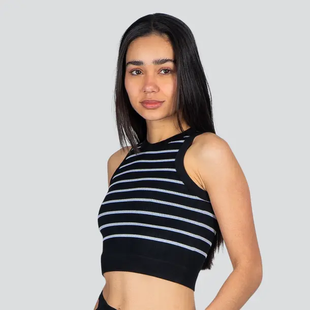 Regata Feminina Alça Larga Poliamida Canelada Listrada .LA-036 Preto