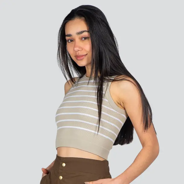 Regata Feminina Alça Larga Poliamida Canelada Listrada .LA-036