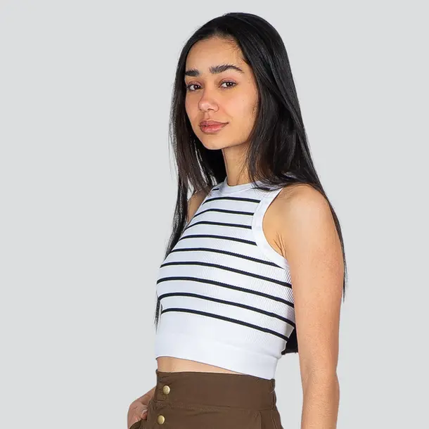 Regata Feminina Alça Larga Poliamida Canelada Listrada .LA-036 Branco