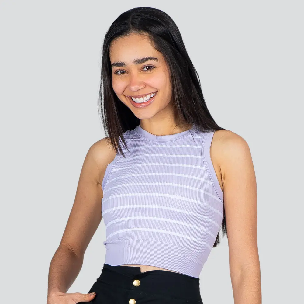 Regata Feminina Alça Larga Poliamida Canelada Listrada .LA-036