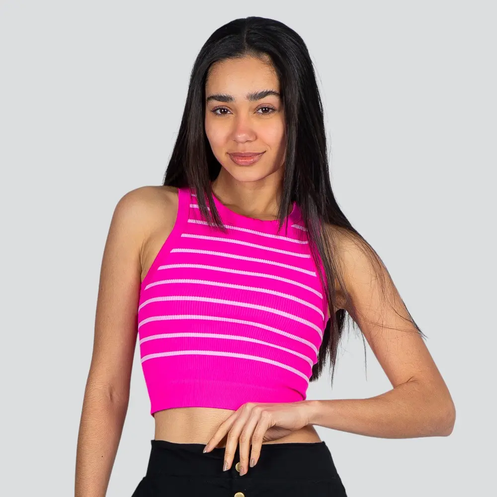 Regata Feminina Alça Larga Poliamida Canelada Listrada .LA-036