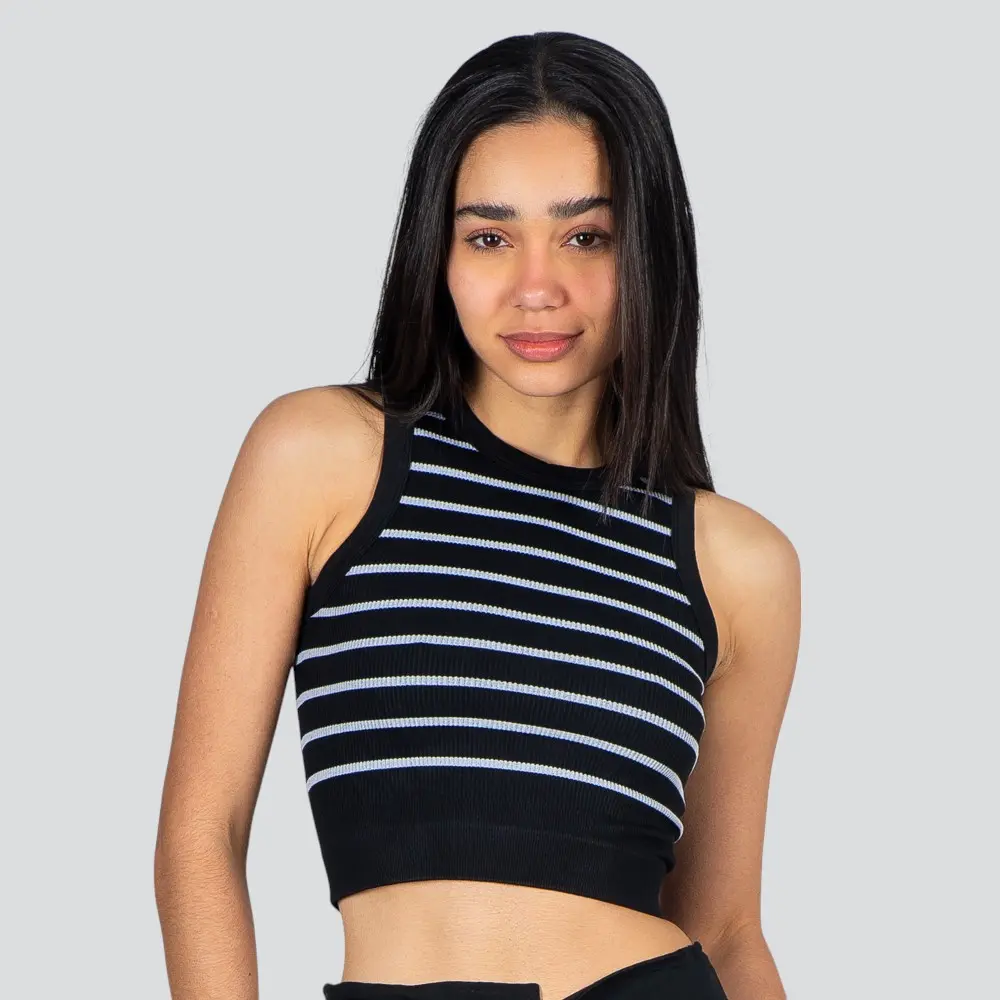 Regata Feminina Alça Larga Poliamida Canelada Listrada .LA-036