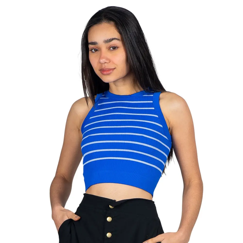 Regata Feminina Alça Larga Poliamida Canelada Listrada .LA-036
