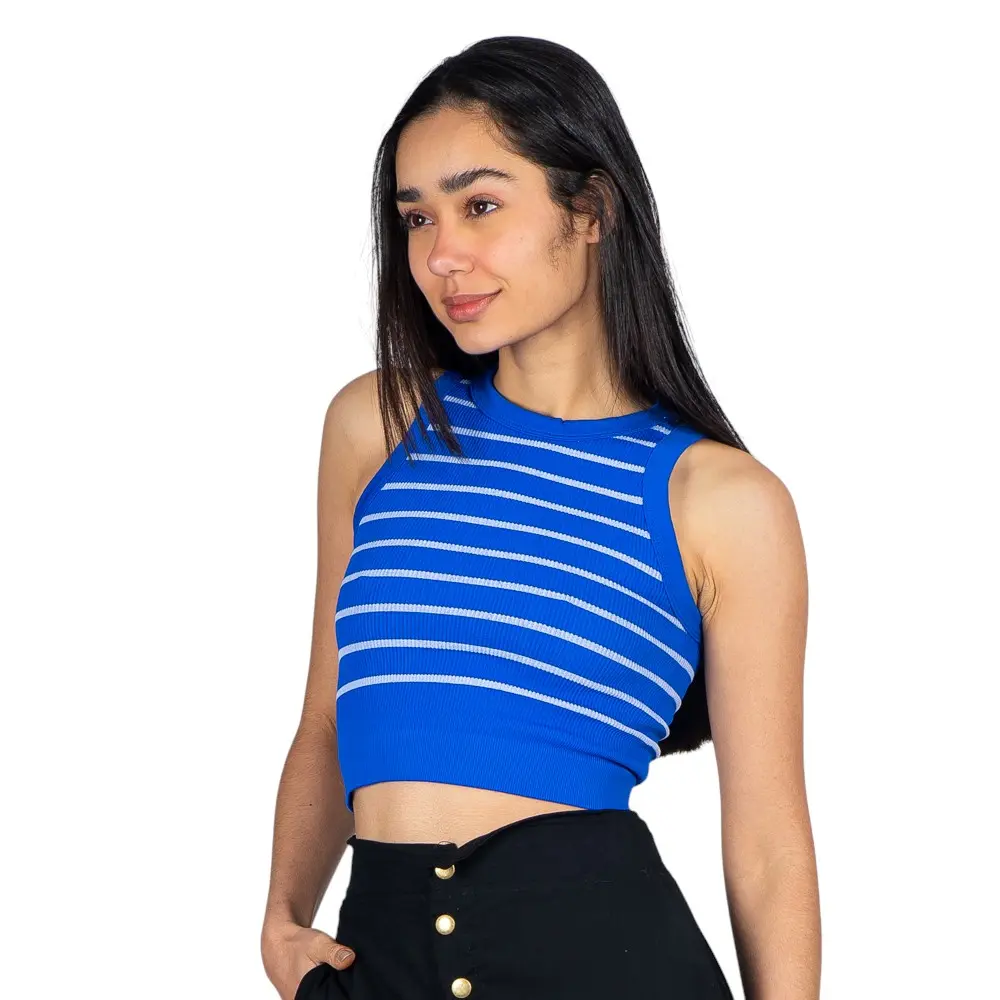 Regata Feminina Alça Larga Poliamida Canelada Listrada .LA-036