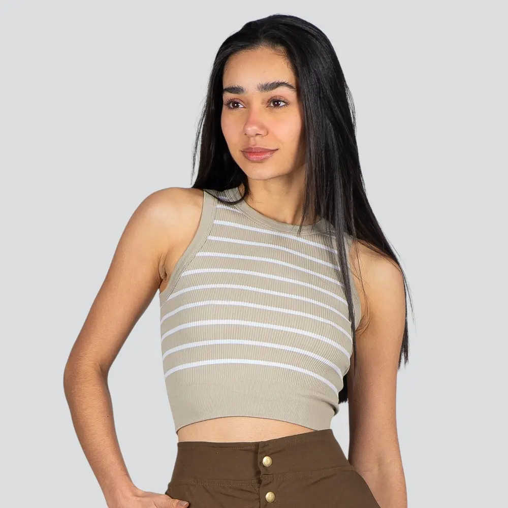 Regata Feminina Alça Larga Poliamida Canelada Listrada .LA-036
