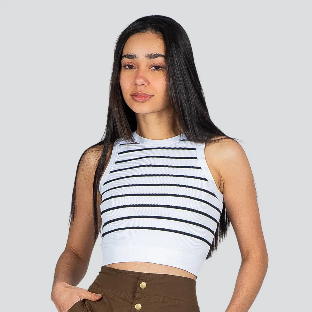 Regata Feminina Alça Larga Poliamida Canelada Listrada .LA-036