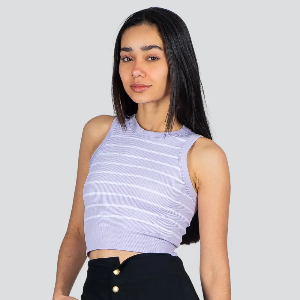Regata Feminina Alça Larga Poliamida Canelada Listrada .LA-036