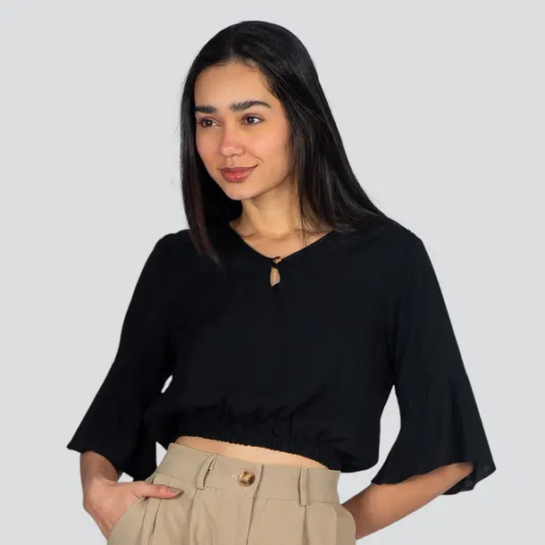 Blusa Feminina MG 7/8 Flare Viscose .1100286 Preto