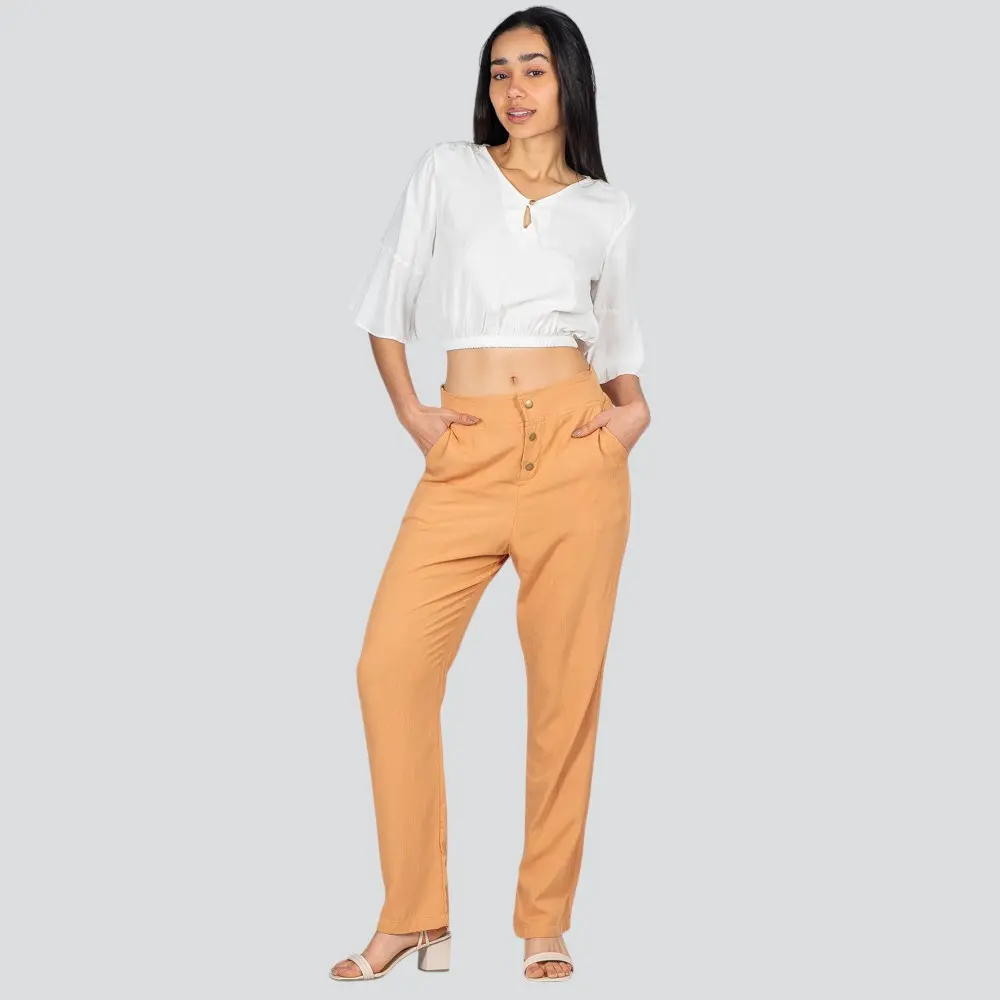 Calça Feminina Reta Viscose Com Botão No Cos .502-1