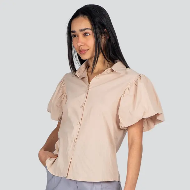 Camisa Feminina Manga Curta Bufante .SF-17 Bege