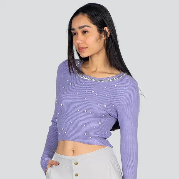 Blusa Feminina Manga Longa Tricô Modal Com Aplicação De Perolas .ZY22-2 Lilas