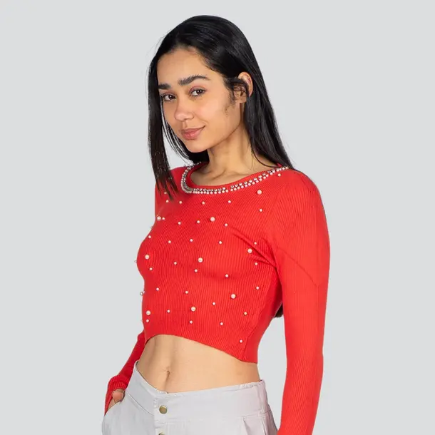 Blusa Feminina Manga Longa Tricô Modal Com Aplicação De Perolas .ZY22-2 Coral