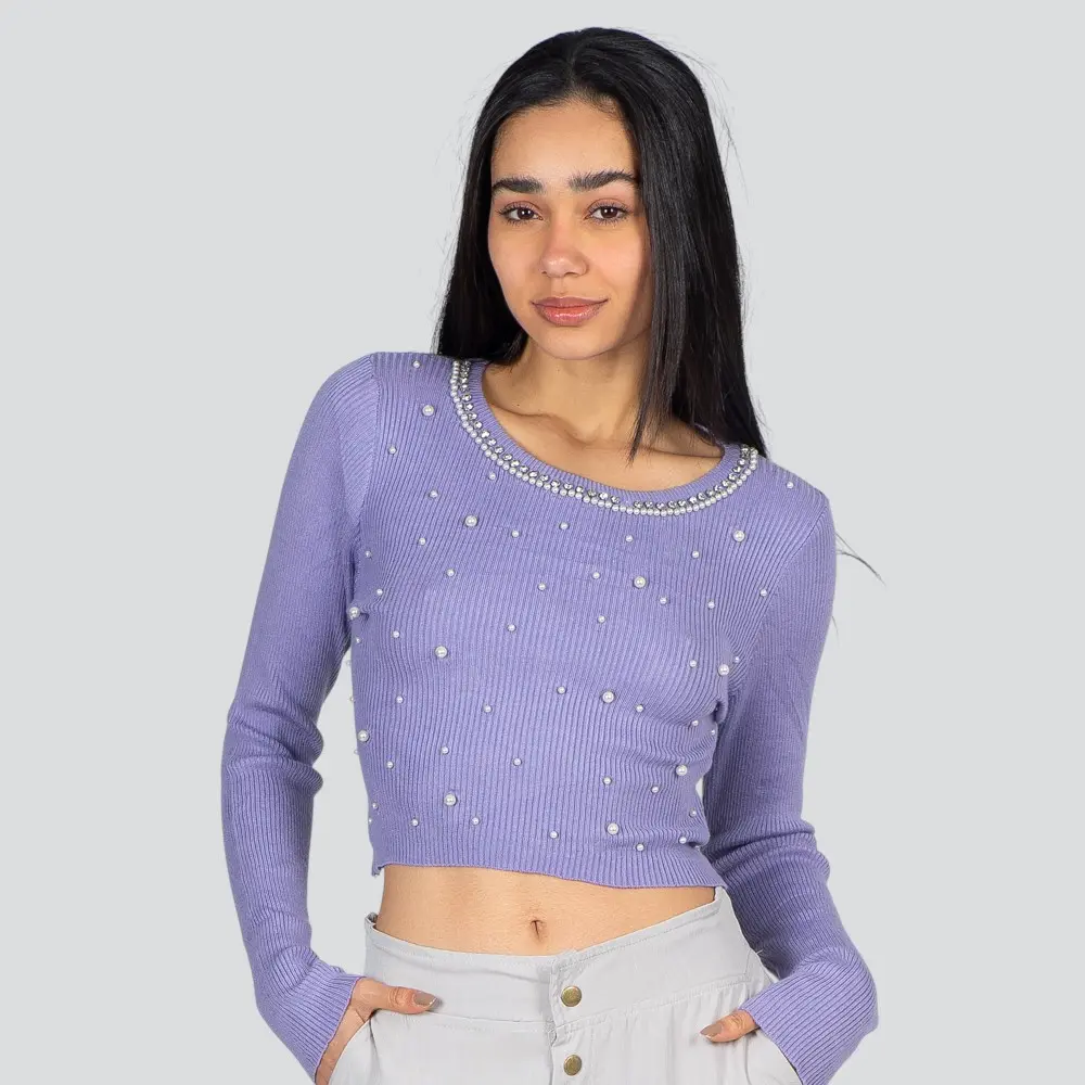 Blusa Feminina Manga Longa Tricô Modal Com Aplicação De Perolas .ZY22-2
