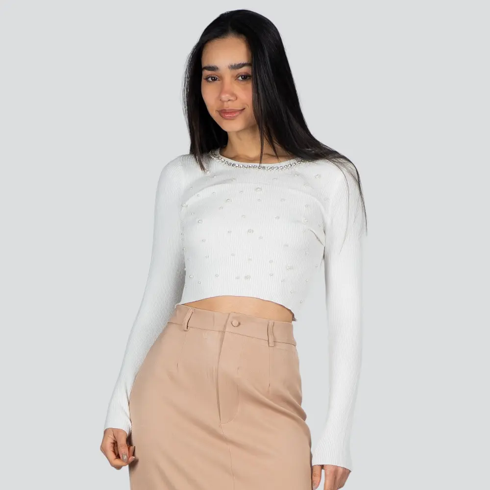 Blusa Feminina Manga Longa Tricô Modal Com Aplicação De Perolas .ZY22-2