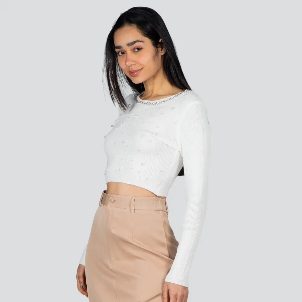Blusa Feminina Manga Longa Tricô Modal Com Aplicação De Perolas .ZY22-2