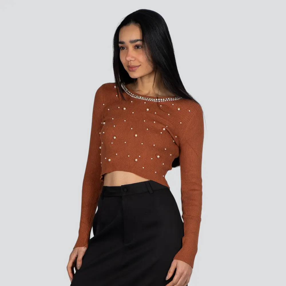 Blusa Feminina Manga Longa Tricô Modal Com Aplicação De Perolas .ZY22-2