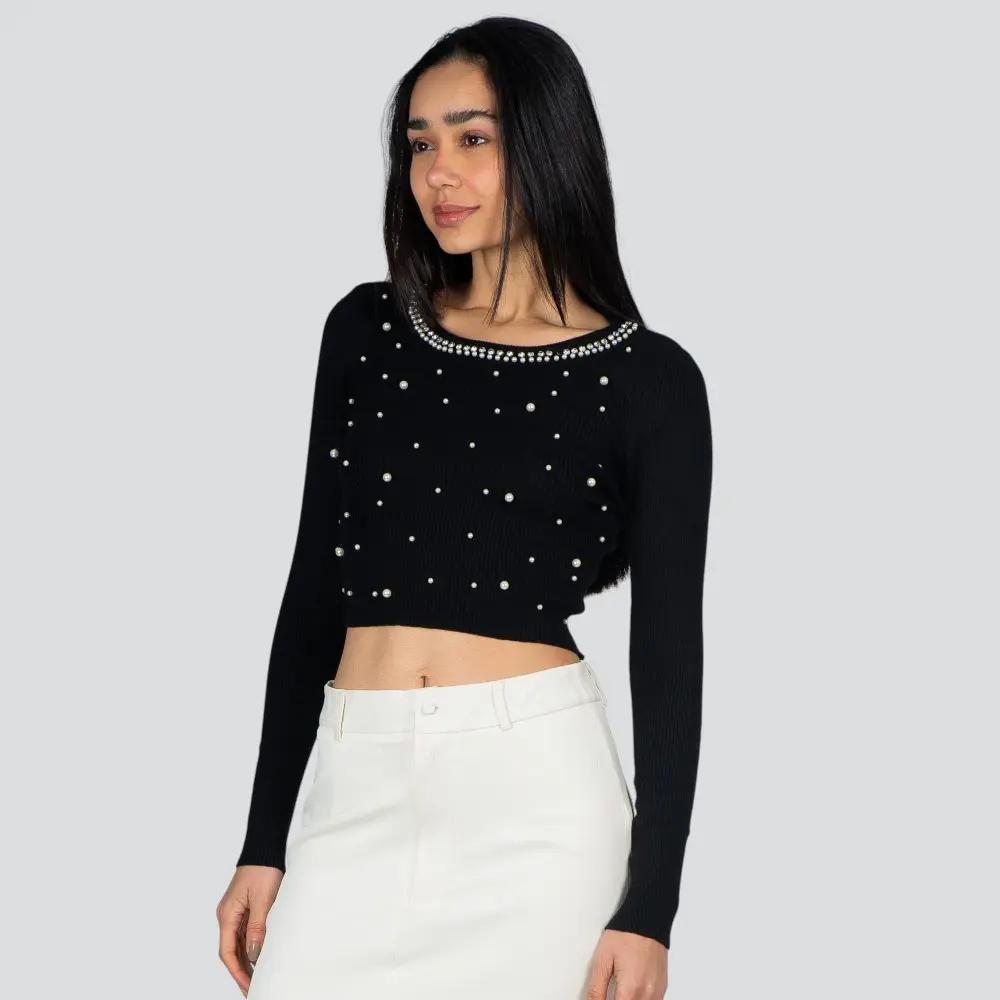Blusa Feminina Manga Longa Tricô Modal Com Aplicação De Perolas .ZY22-2