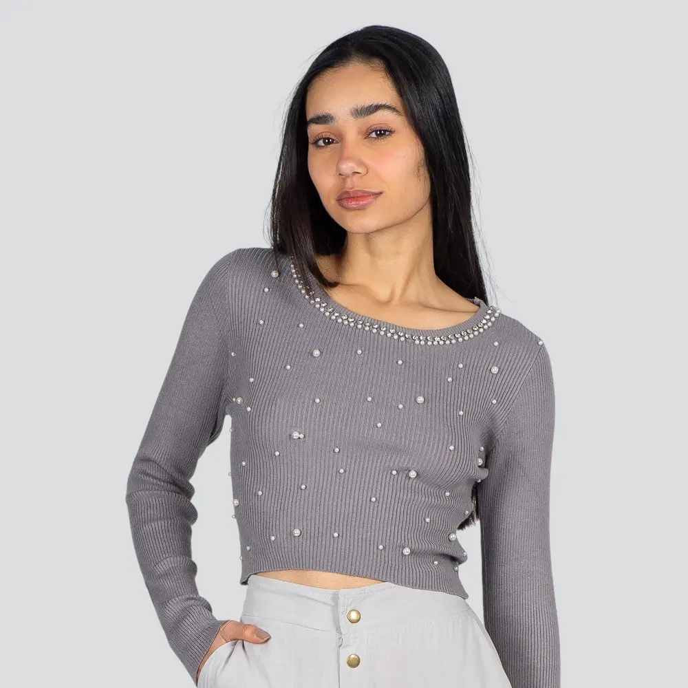 Blusa Feminina Manga Longa Tricô Modal Com Aplicação De Perolas .ZY22-2