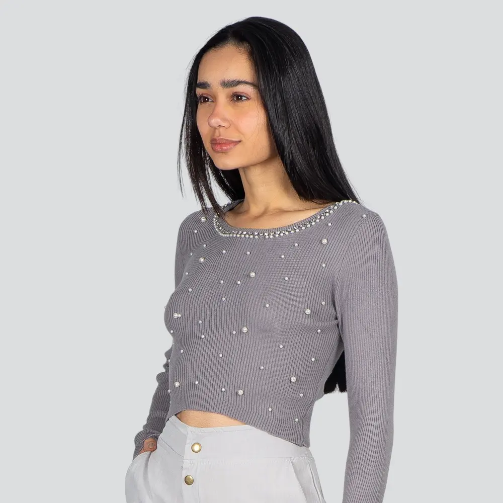 Blusa Feminina Manga Longa Tricô Modal Com Aplicação De Perolas .ZY22-2