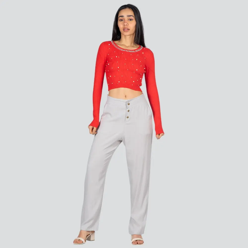 Blusa Feminina Manga Longa Tricô Modal Com Aplicação De Perolas .ZY22-2