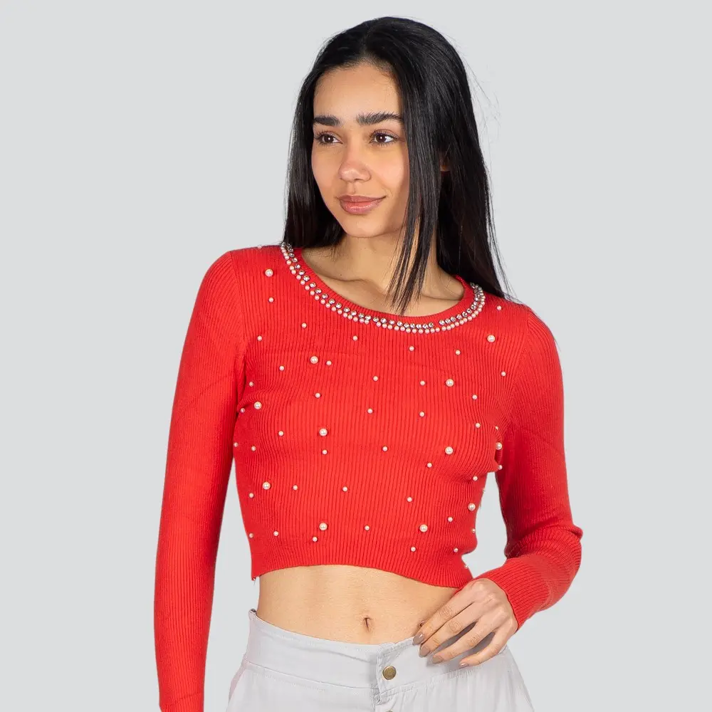 Blusa Feminina Manga Longa Tricô Modal Com Aplicação De Perolas .ZY22-2