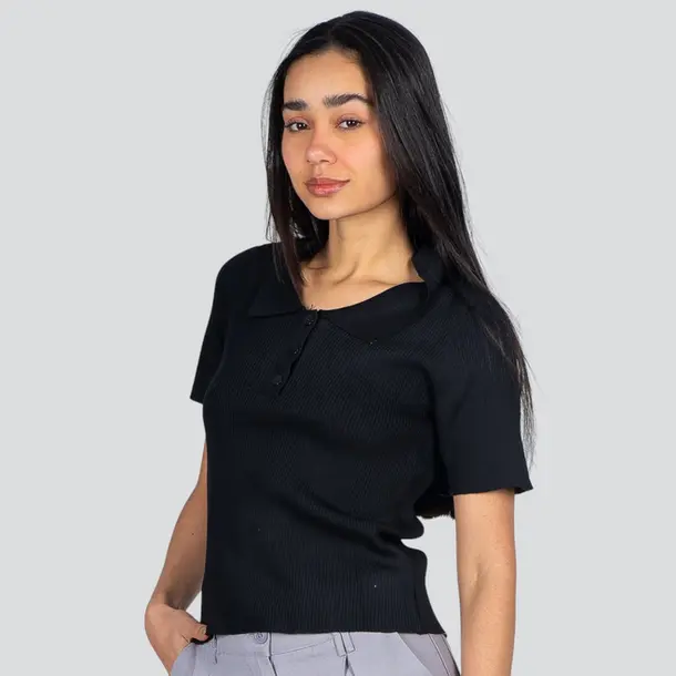Polo Feminina Manga Curta Tricô Modal .YUX0066-2 Preto