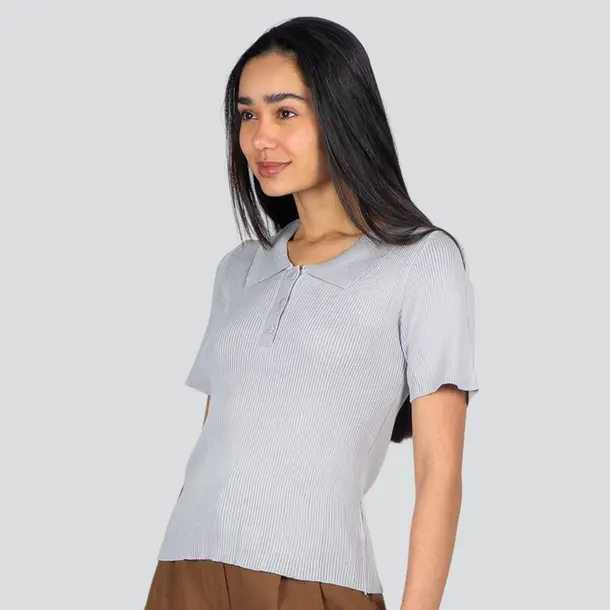 Polo Feminina Manga Curta Tricô Modal .YUX0066-2 Cinza