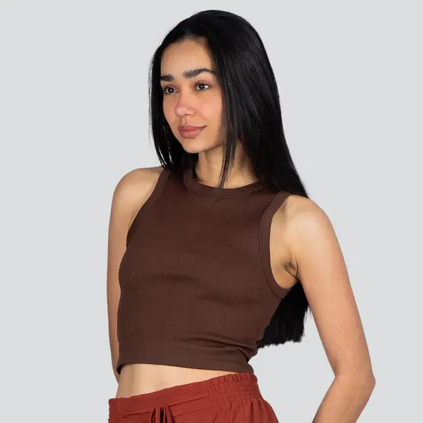 Regata Feminina Alça Média Canelada Poliamida Lisa .LA-081 Marrom
