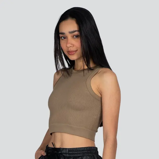Regata Feminina Alça Média Canelada Poliamida Lisa .LA-081 Caqui