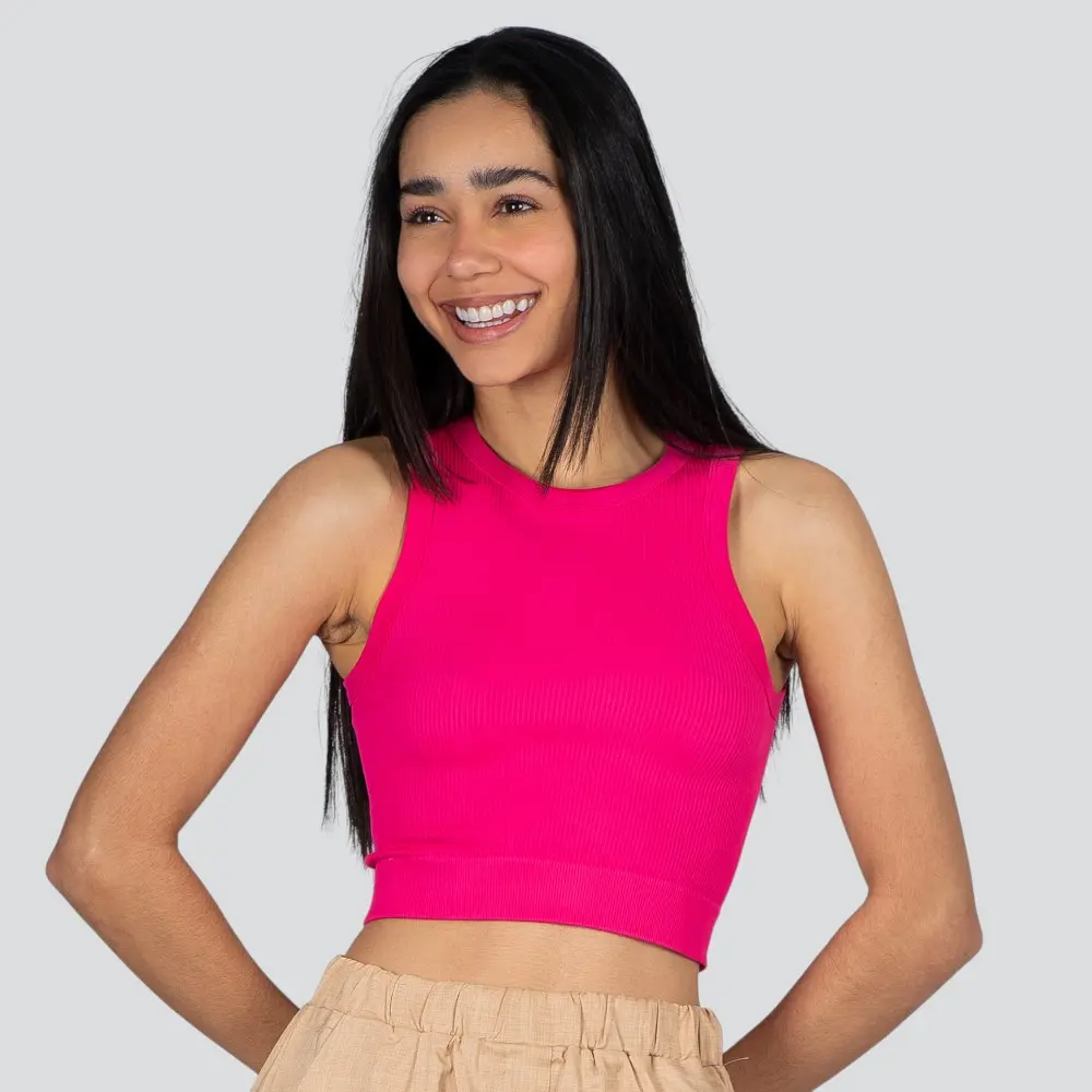 Regata Feminina Alça Média Canelada Poliamida Lisa .LA-081