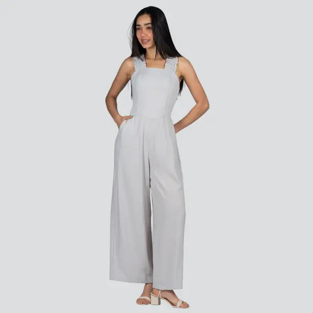 Macacão Feminino Pantalona Com Alça Média Elástico Viscose .517-1 Cinza