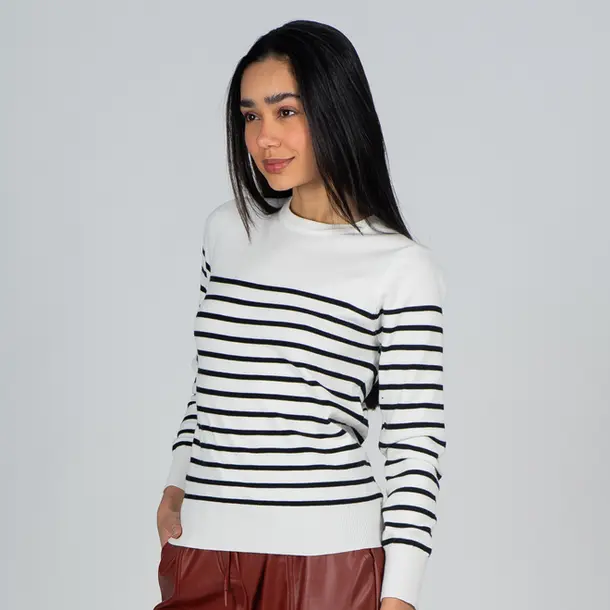 Blusa Feminina M/L Tricô Modal Listrado .1001693 Branco/Preto