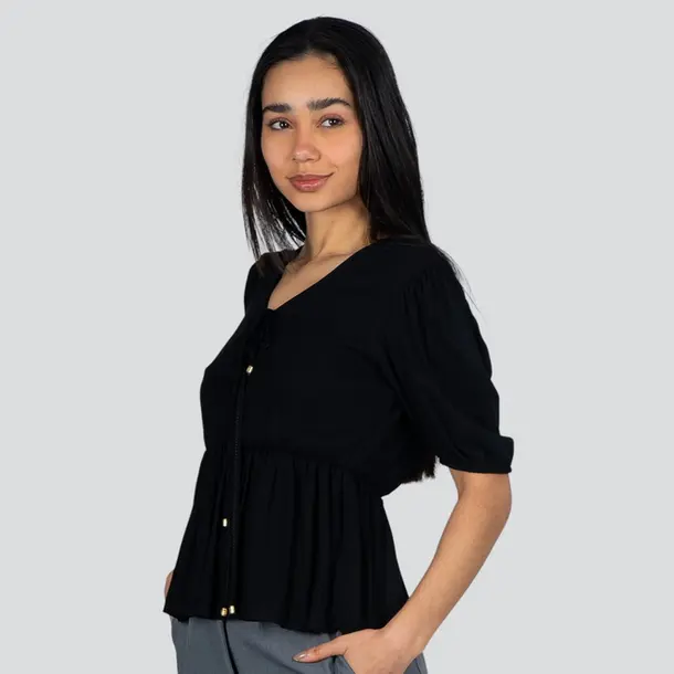 Blusa Feminina M/C Peplum Com Amarração Viscose Sarjada .1004909 Preto
