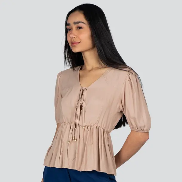 Blusa Feminina M/C Peplum Com Amarração Viscose Sarjada .1004909 Bege