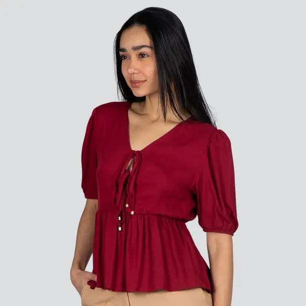 Blusa Feminina M/C Peplum Com Amarração Viscose Sarjada .1004909 Bordo