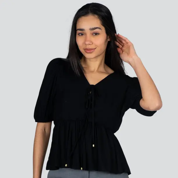 Blusa Feminina M/C Peplum Com Amarração Viscose Sarjada .1004909