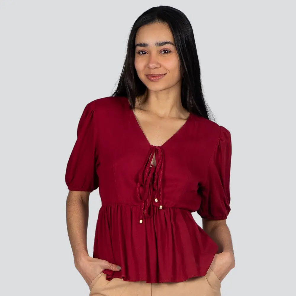 Blusa Feminina M/C Peplum Com Amarração Viscose Sarjada .1004909