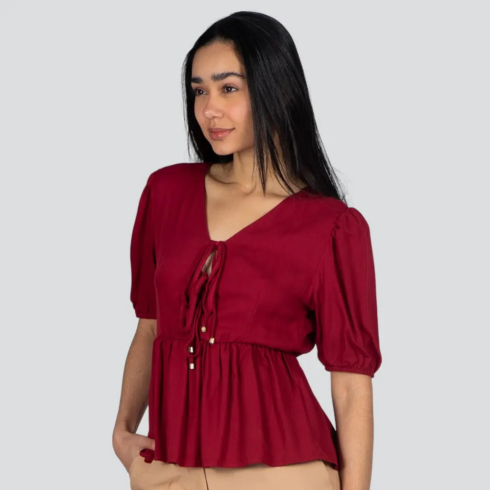 Blusa Feminina M/C Peplum Com Amarração Viscose Sarjada .1004909