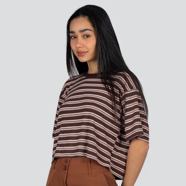 Blusa Feminina Manga Curta Listrada .15-328 Marrom/Rosa