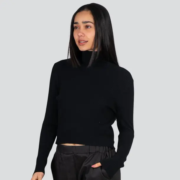 Suéter Cropped Feminino Manga Longa Modal Gola Alta .JN2520 Preto