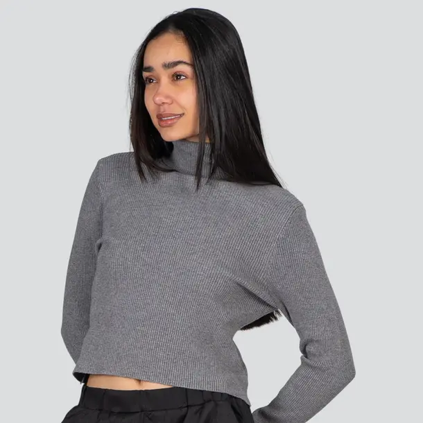 Suéter Cropped Feminino Manga Longa Modal Gola Alta .JN2520 Cinza