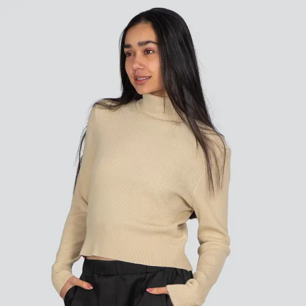 Suéter Cropped Feminino Manga Longa Modal Gola Alta .JN2520 Caqui