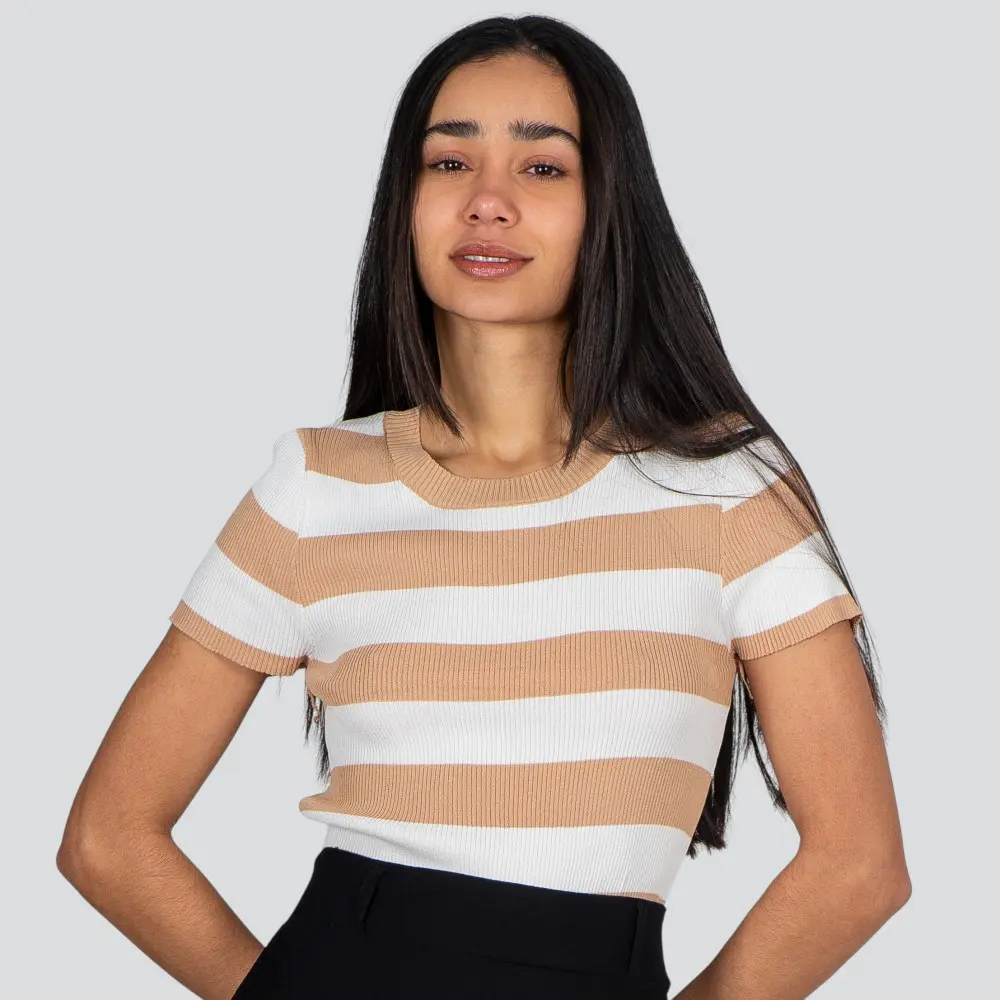 Blusa Feminina Manga Curta Listrada Tricô Modal .S1115