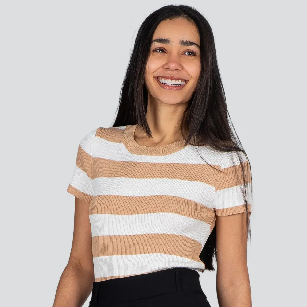 Blusa Feminina Manga Curta Listrada Tricô Modal .S1115