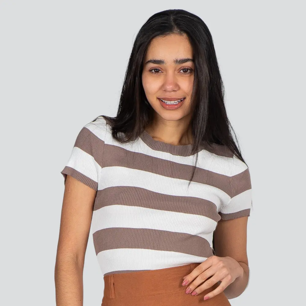 Blusa Feminina Manga Curta Listrada Tricô Modal .S1115