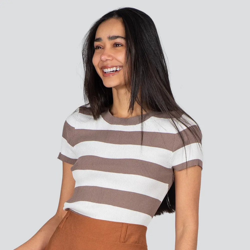 Blusa Feminina Manga Curta Listrada Tricô Modal .S1115