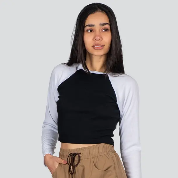 Cropped Feminino Manga Longa Ribana Raglan .03064 Preto/Branco