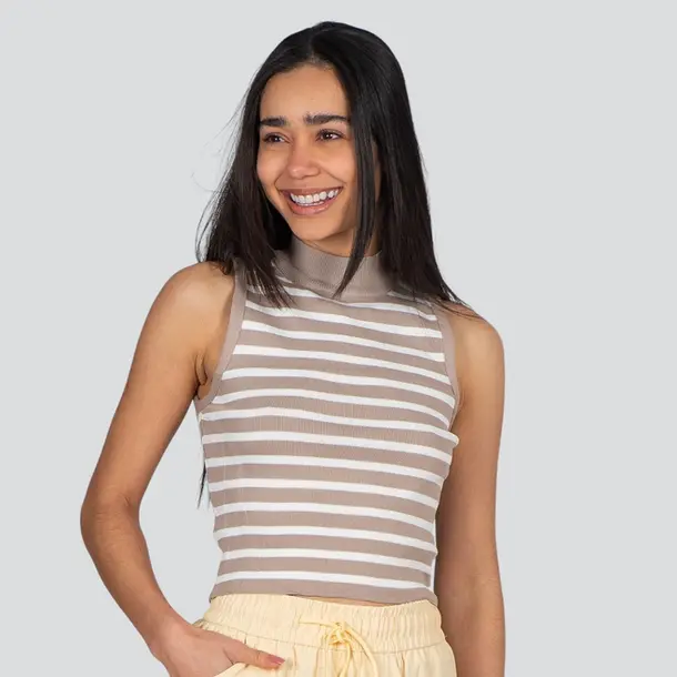 Regata Feminina Alça Larga Gola Alta Listrada Tricô Modal .S1191 Cinza/Branco